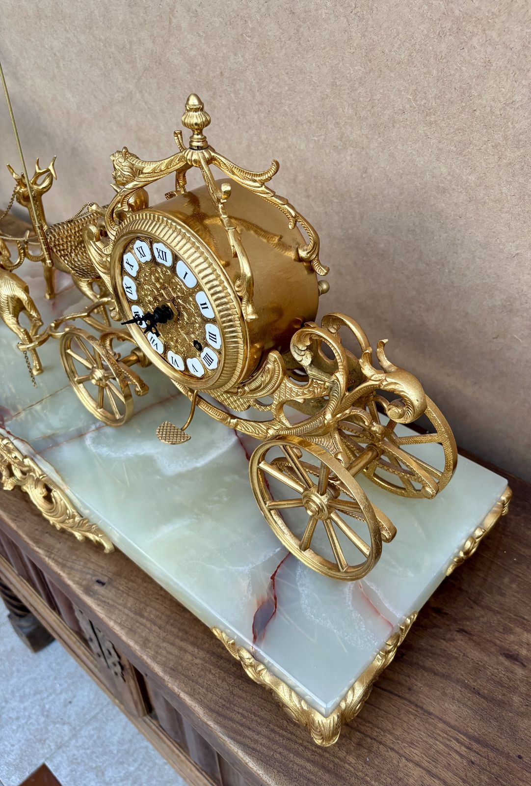 1580.3 Early 20th Century Set Of Carriage Clock With Deer And Candlesticks In Gilt Bronze On A Marble Base photo