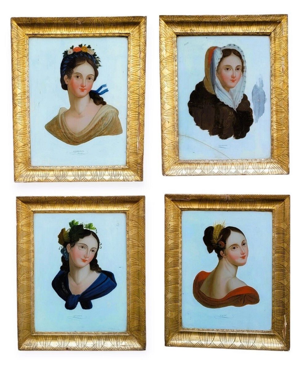 The 4 Seasons, Allegories Of 4 Framed Under Glass, 19th Century