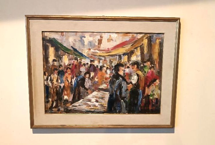 Oil Painting On Canvas "Fish Market" 70s Canvas 70x50 Cm Signed