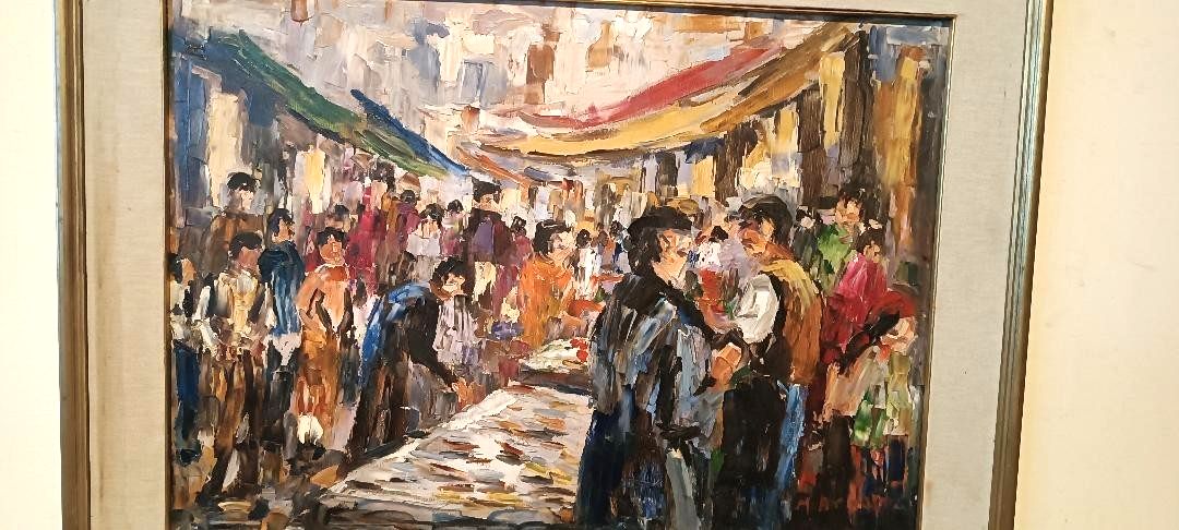 Oil Painting On Canvas "Fish Market" 70s Canvas 70x50 Cm Signed photo vinterior