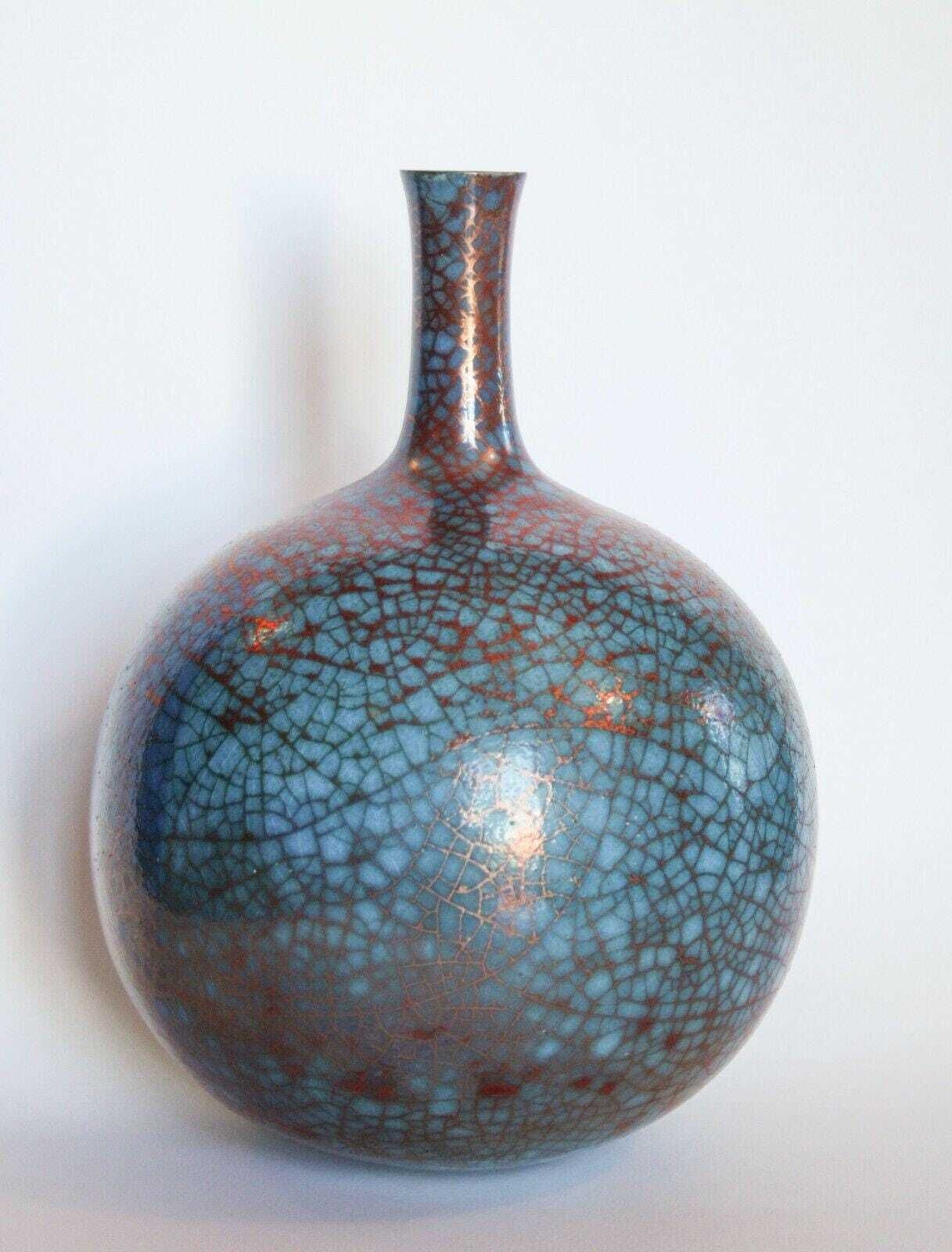Carlo Zauli Blue Spherical Vase In Stoneware Ceramic, Vintage Design, 1970s Midcentury Modern Italian Pottery