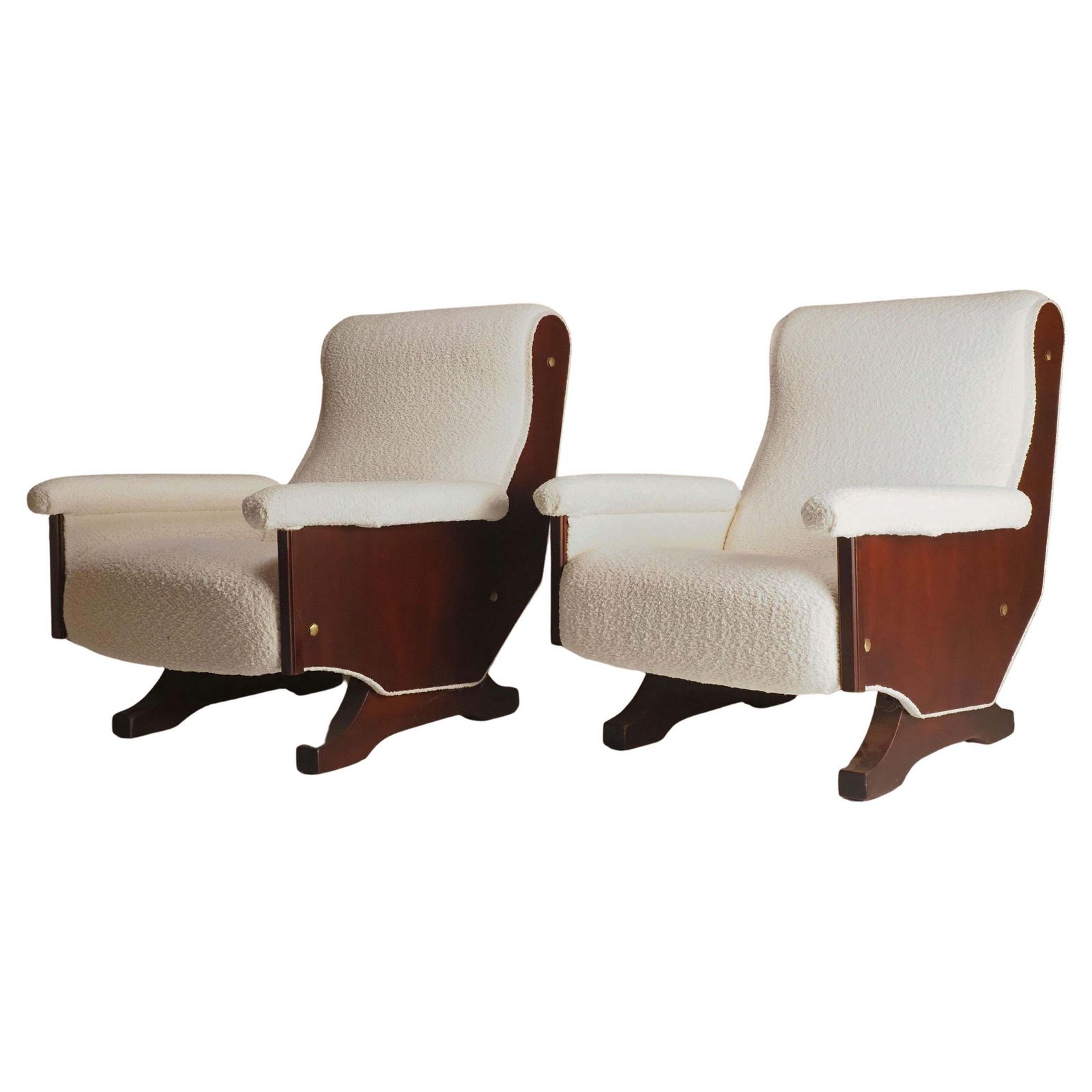 Pair Of Italian 1960's Modern Walnut & Boucle Armchairs