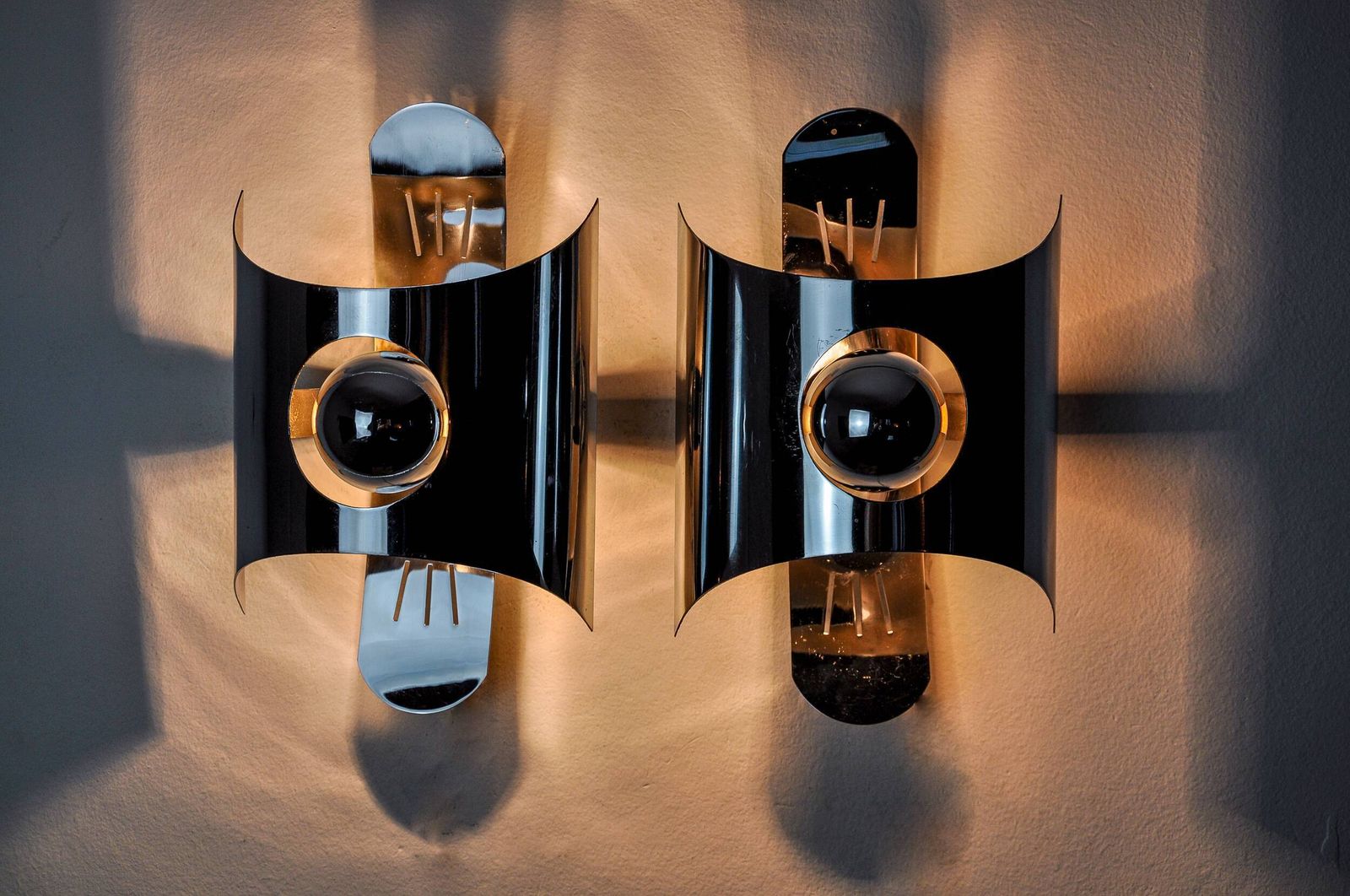 Page 1 Of 12 Pair Of Space Age Wall Lights, Chromed Metal, Italy, 1970 photo Lighting