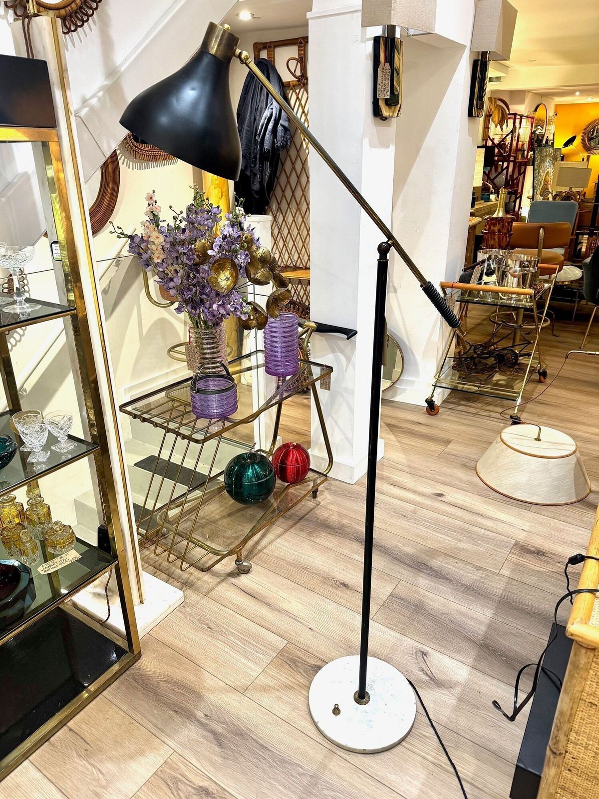 An Italian 1960s Black Enamel, Brass And Marble Adjustable Floor Lamp By Stilux photo 1950.0