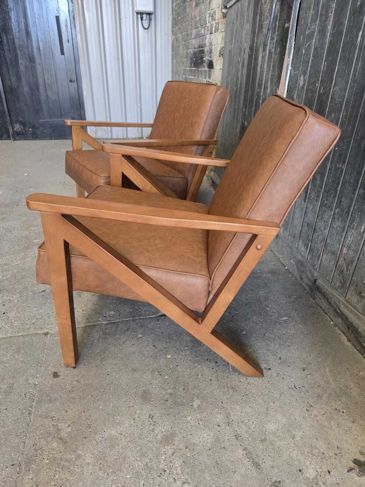 Pair Of Mid Century Retro Style Tan Brown Leatherette Armchairs Chairs photo 695.0