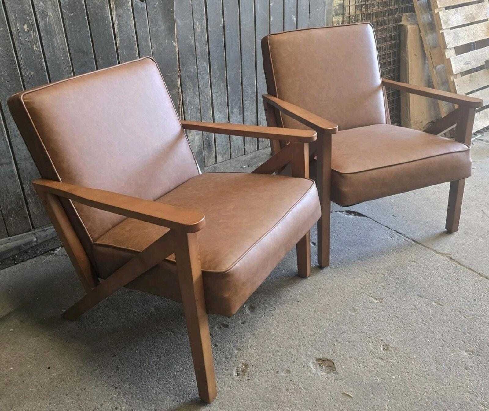 Pair Of Mid Century Retro Style Tan Brown Leatherette Armchairs Chairs photo vinterior