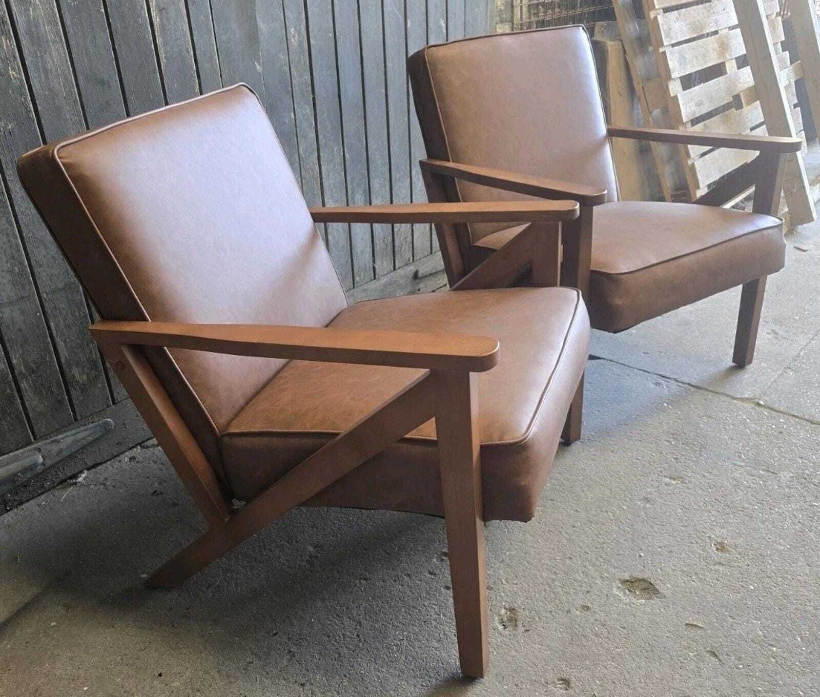 Pair Of Mid Century Retro Style Tan Brown Leatherette Armchairs Chairs photo buy