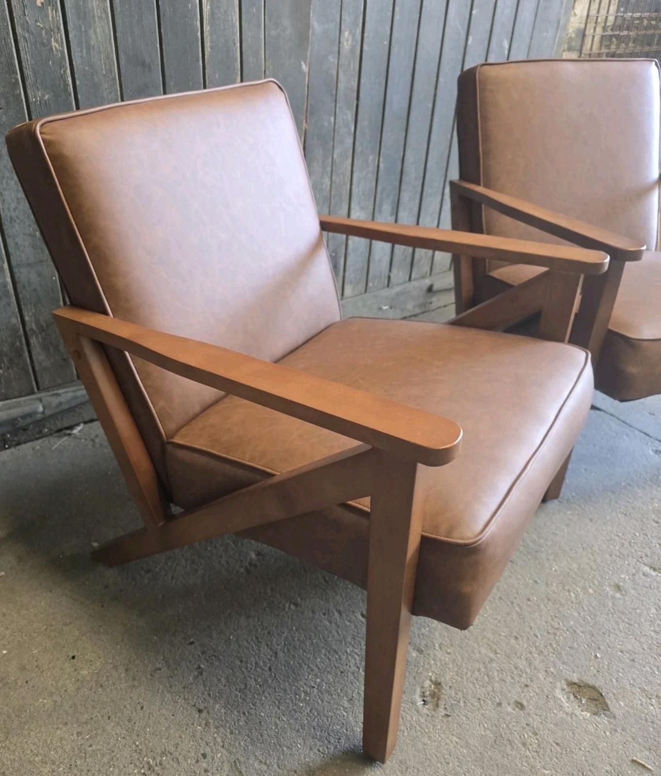 Pair Of Mid Century Retro Style Tan Brown Leatherette Armchairs Chairs photo vintage