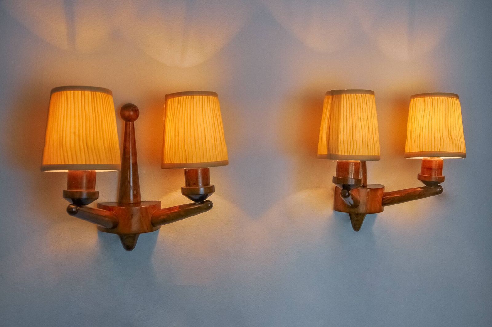 Pair Of Two Armed Art Deco "Ball" Wall Lights, Carved Wood, France, 1960 photo furniture