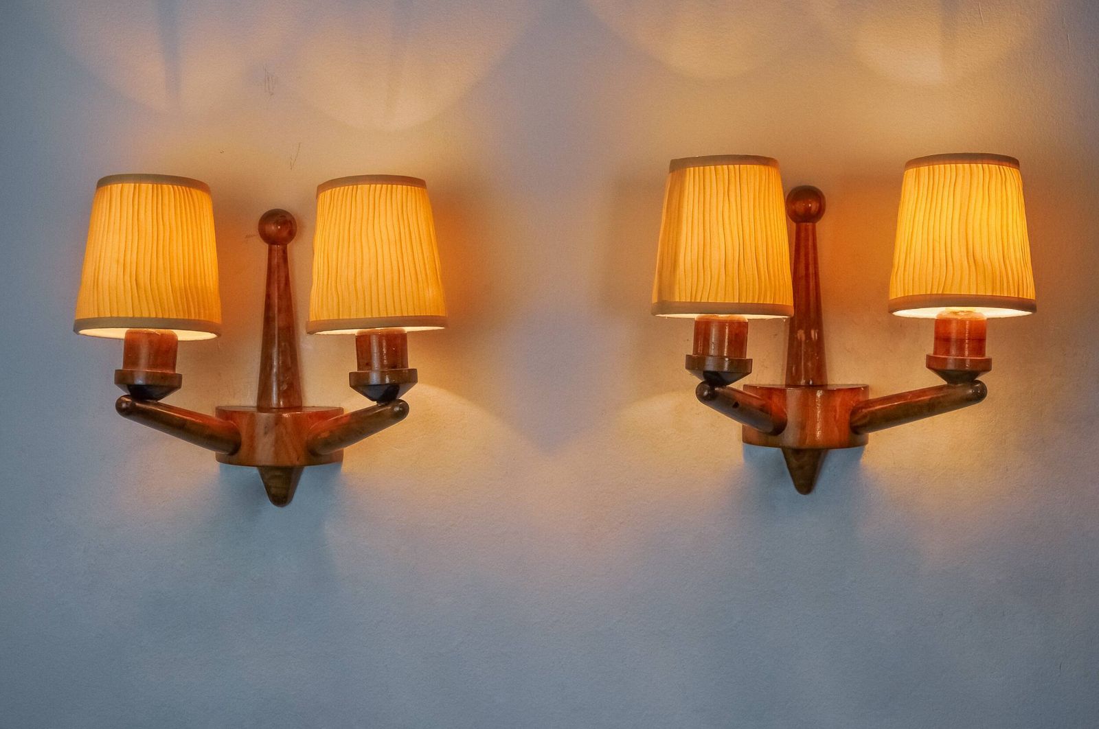 Pair Of Two Armed Art Deco "Ball" Wall Lights, Carved Wood, France, 1960 photo Lighting