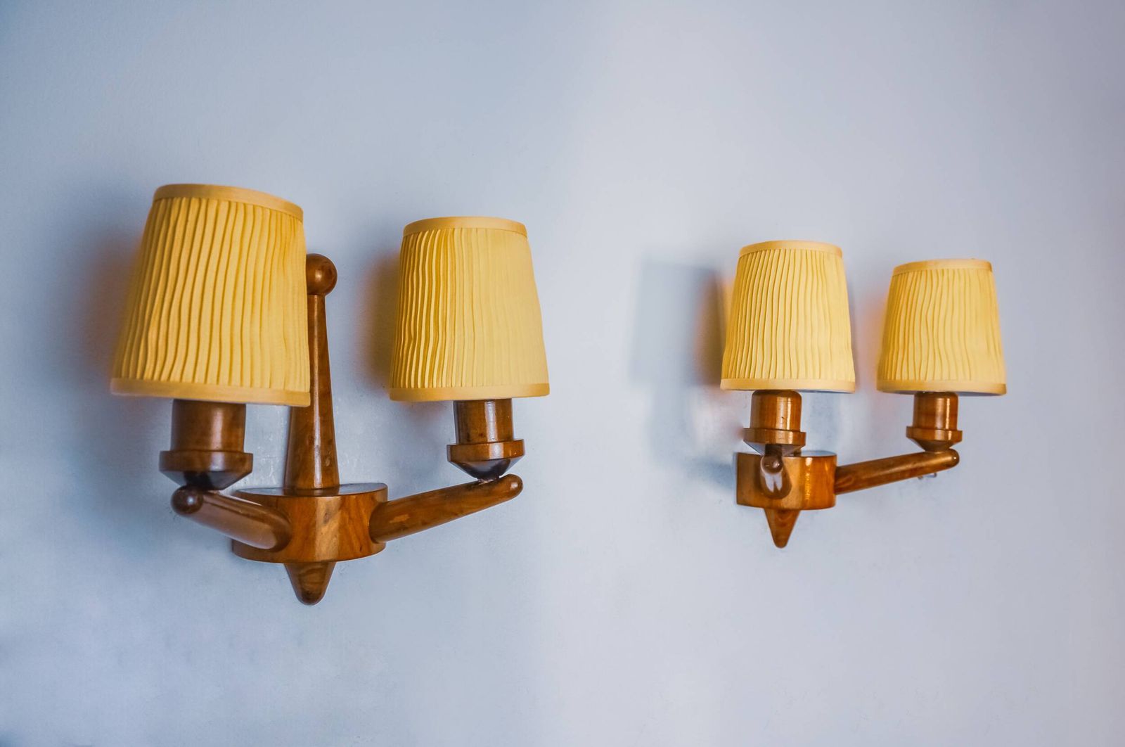 Pair Of Two Armed Art Deco "Ball" Wall Lights, Carved Wood, France, 1960 photo 1528.0