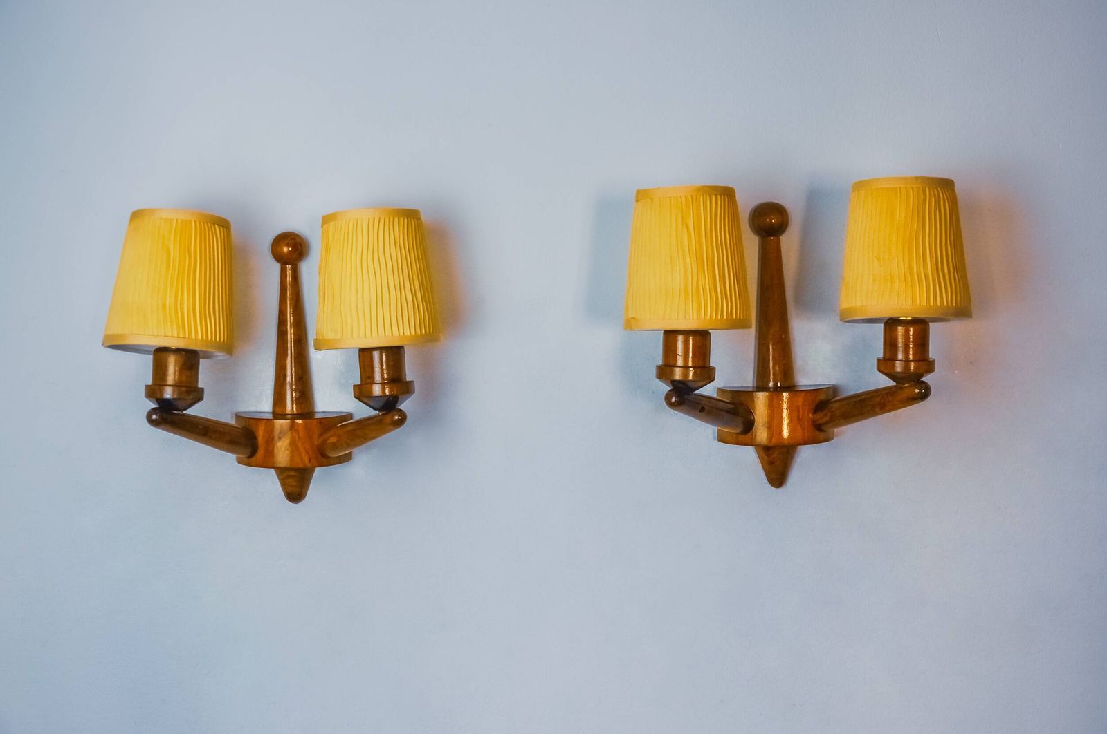 photo for sale Pair Of Two Armed Art Deco "Ball" Wall Lights, Carved Wood, France, 1960