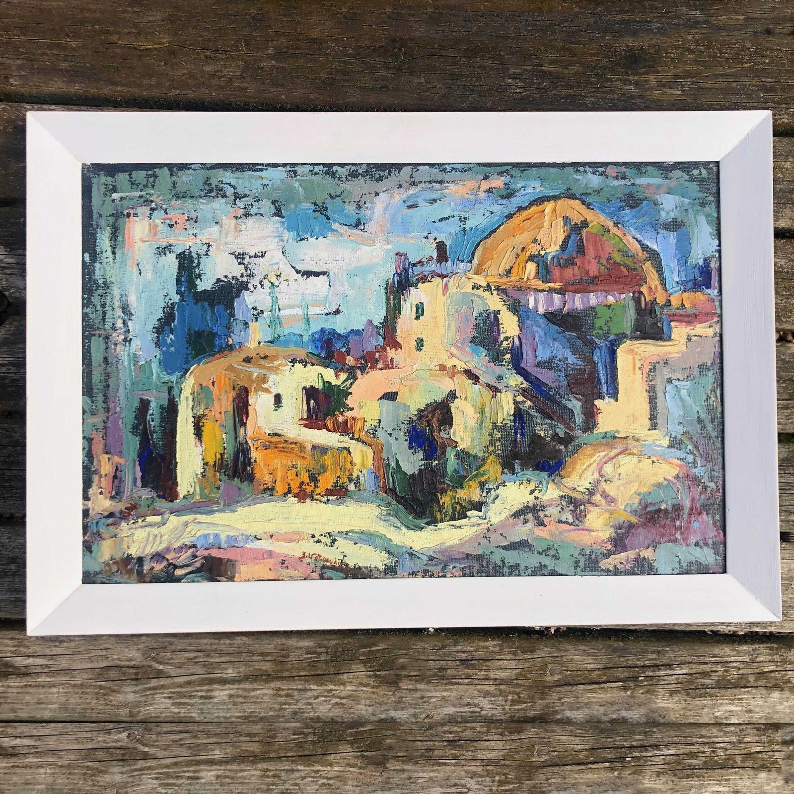Abstract Landscape Oil Painting 1970's Framed Art Mid Century Abstract Landscape Painting  Greek Island Mediterranean Village Oil Painting