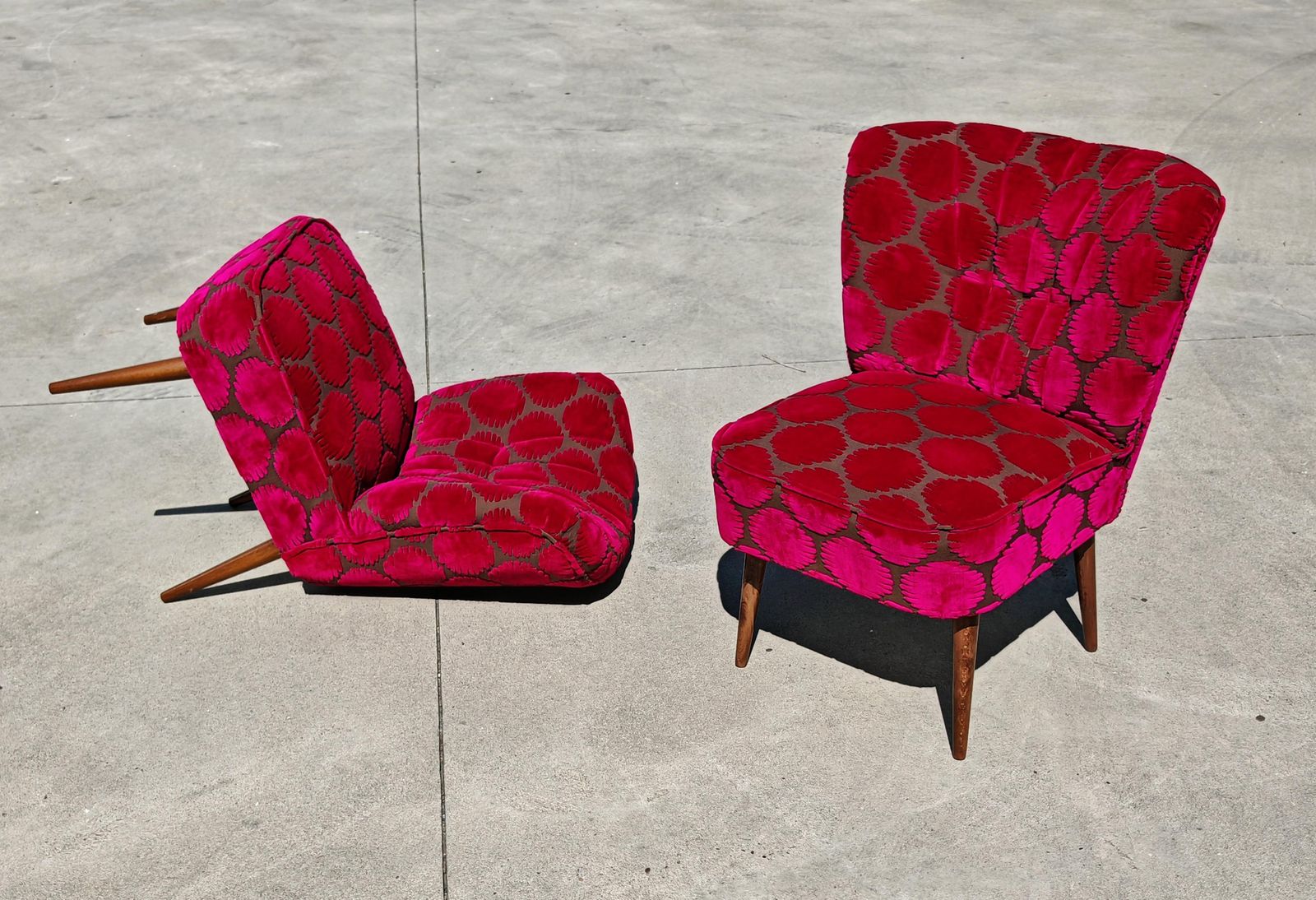 photo for sale Mid Century Modern Shellback Cocktail Chairs Reupholstered In Polka Dot Plush