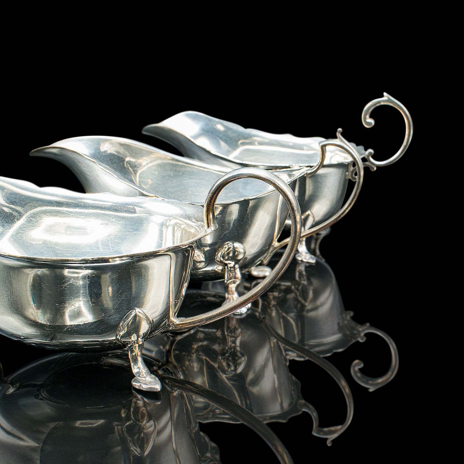Home Decor Trio Of Antique Sauce Dishes, English, Silver Plated, Condiment Pots, Edwardian photo
