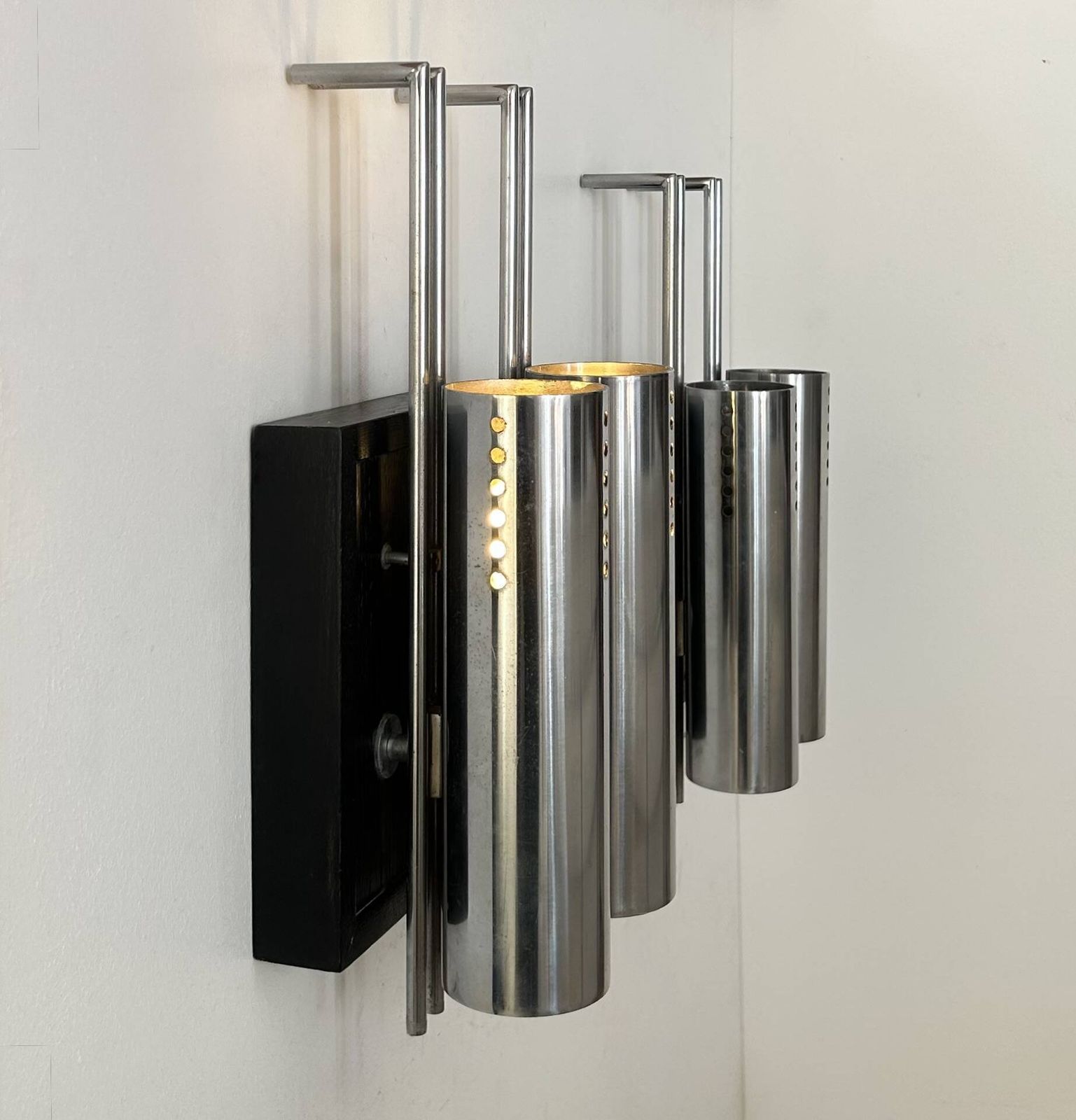 Pair Of Vintage Wall Lights, Chrome Plated Metal And Blackened Oak, France, 1970 photo Lighting