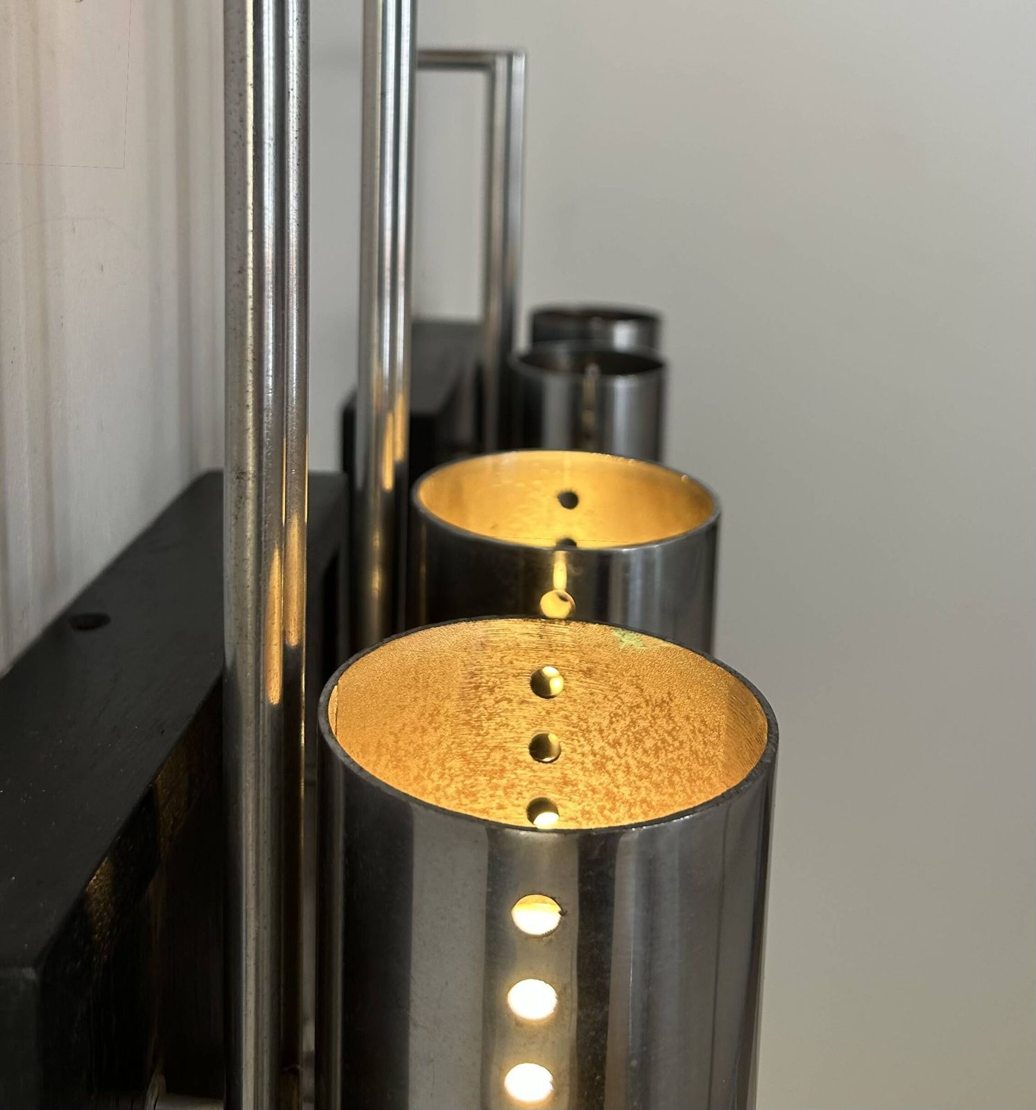 Pair Of Vintage Wall Lights, Chrome Plated Metal And Blackened Oak, France, 1970 photo buy