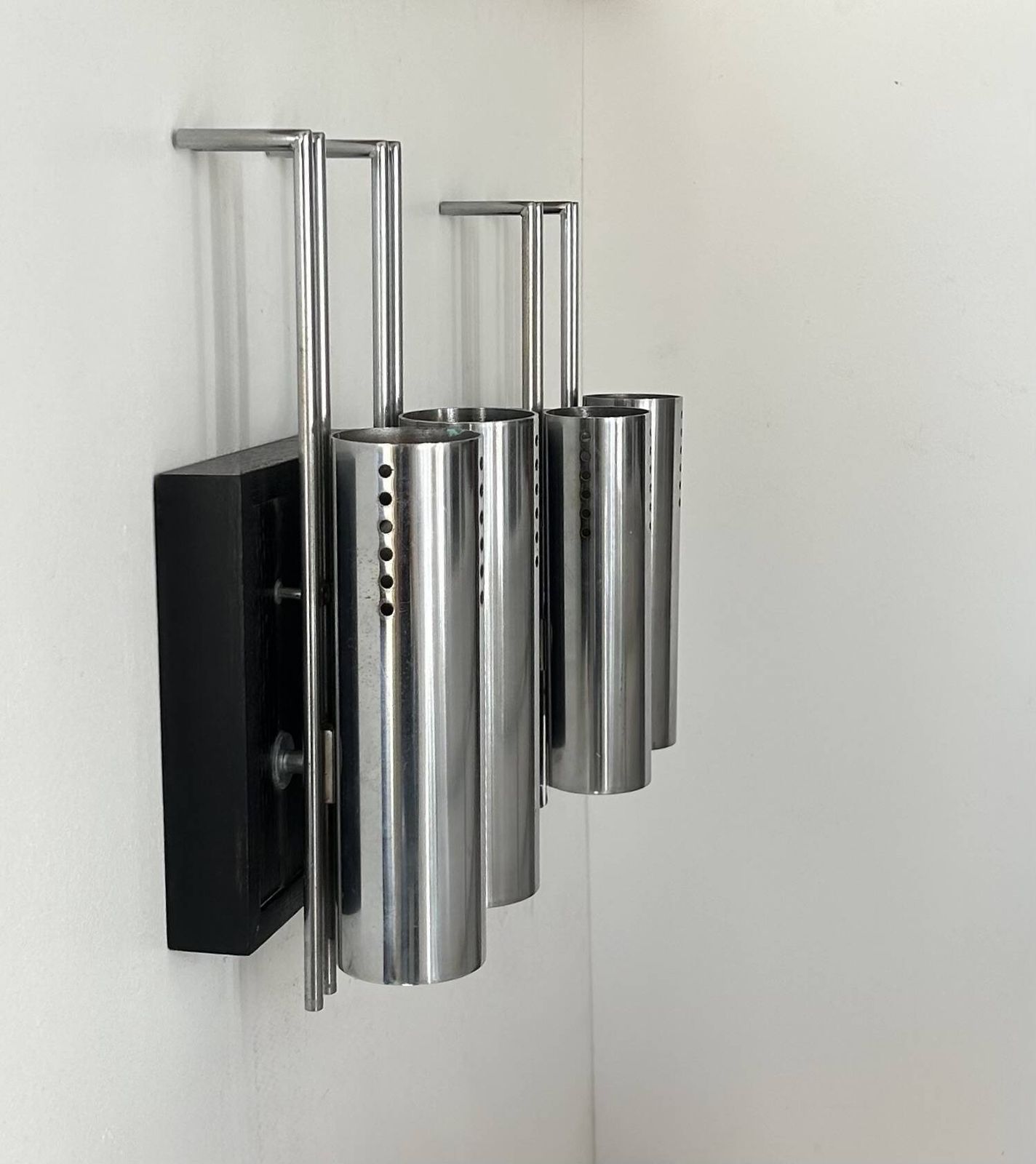 photo for sale Pair Of Vintage Wall Lights, Chrome Plated Metal And Blackened Oak, France, 1970