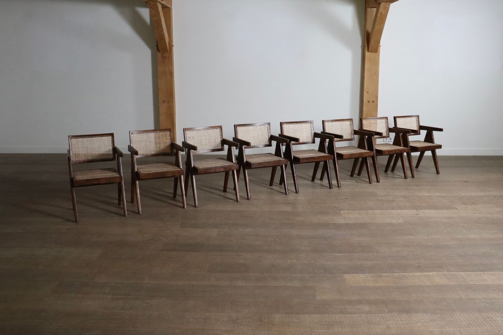 Set Of 8 Pierre Jeanneret Office Cane Chairs, India 1950s photo for sale