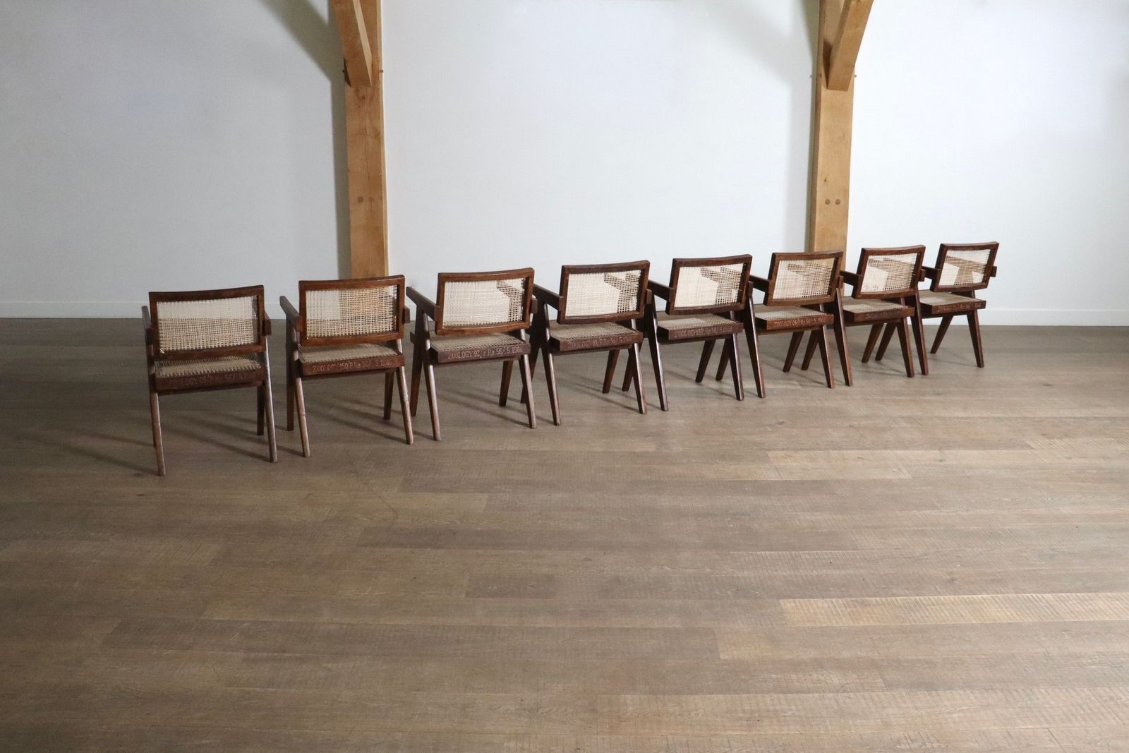 Furniture Set Of 8 Pierre Jeanneret Office Cane Chairs, India 1950s photo