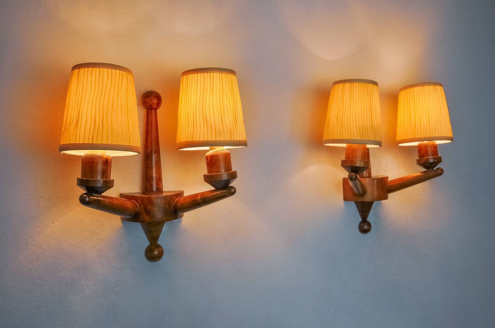 Pair Of Two Armed Art Deco Wall Lights, Carved Wood, France, 1960 photo furniture