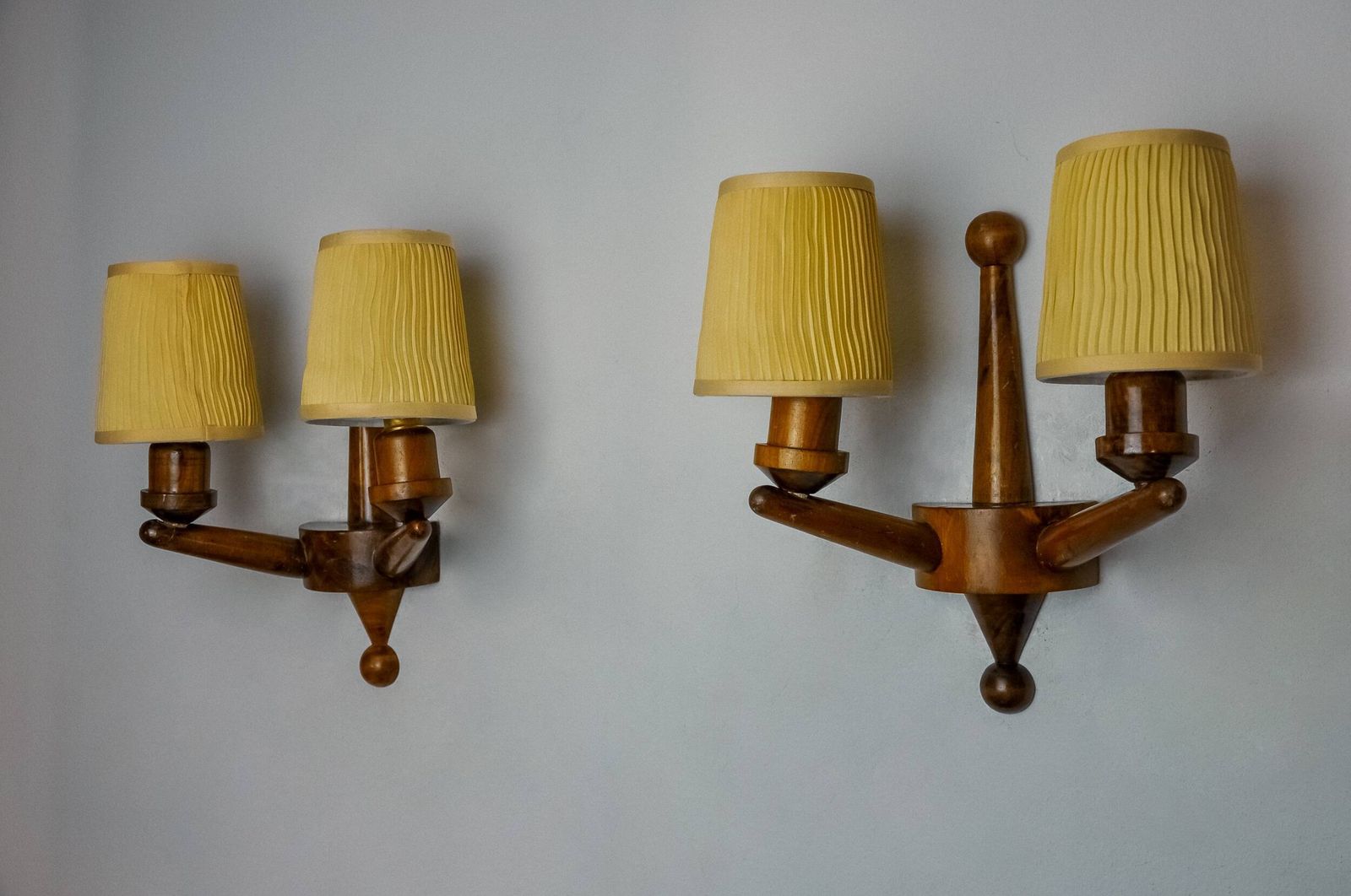 photo furniture Pair Of Two Armed Art Deco Wall Lights, Carved Wood, France, 1960