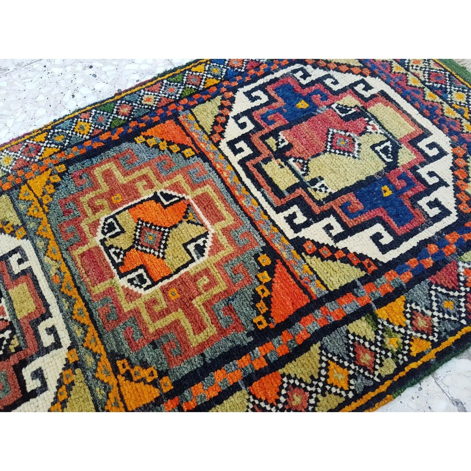 Textiles Distressed Turkish Yastik Petite Rug Hand Knotted Faded Mat 1'10" X 3'3" photo