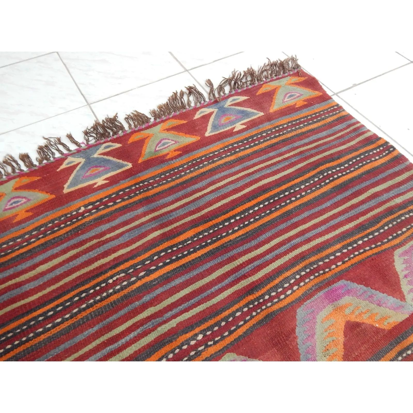 1960s Oversize Bohemian Striped Wool Kilim Rug 4'6" X 5'6" photo furniture