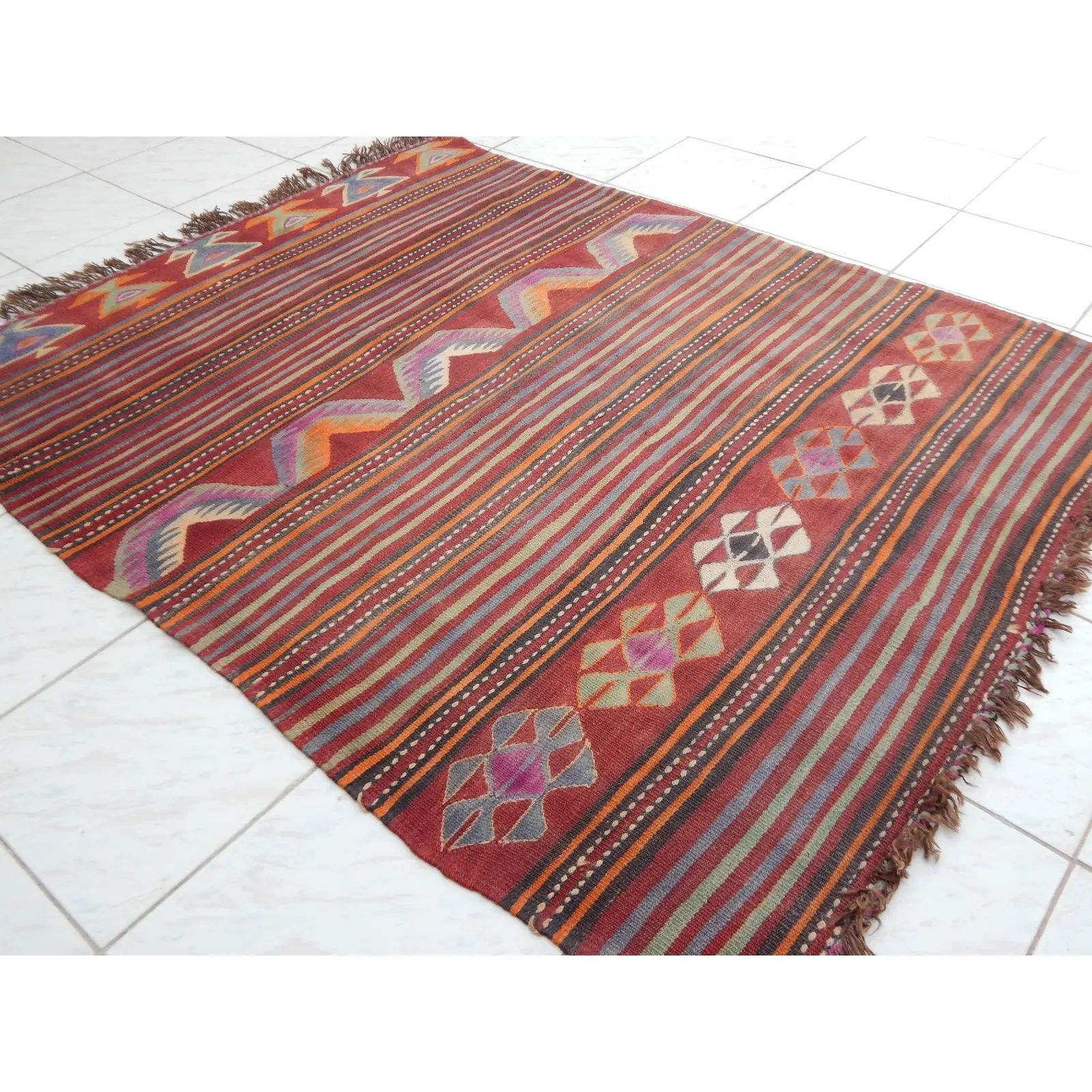 1960s Oversize Bohemian Striped Wool Kilim Rug 4'6" X 5'6" photo 750.0