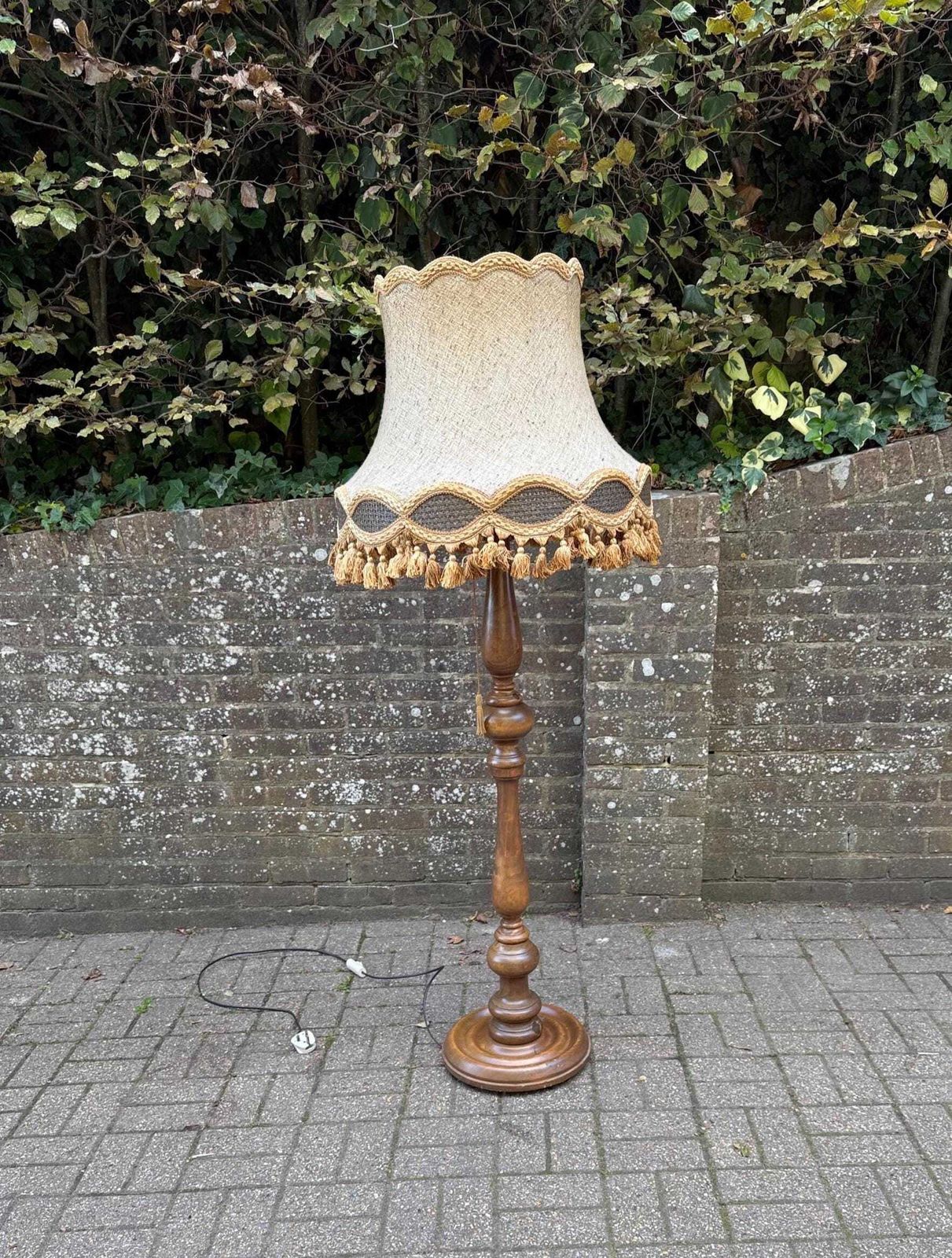 Vintage French Polished Walnut Standard Lamp With Ornate Fabric Tassel Shade – 1960s/70s Provincial Revival Floor Lamp photo for sale