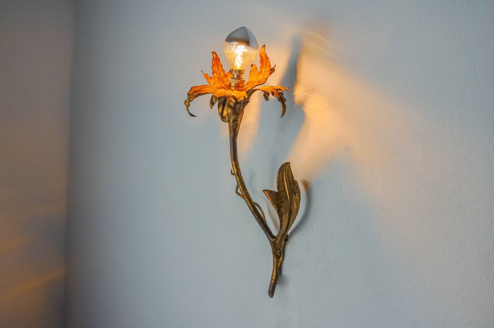 "Fleur De Lys" Wall Lamp By Ferro Arte, Metal And Gold Leaf, Spain, 1970 photo for sale