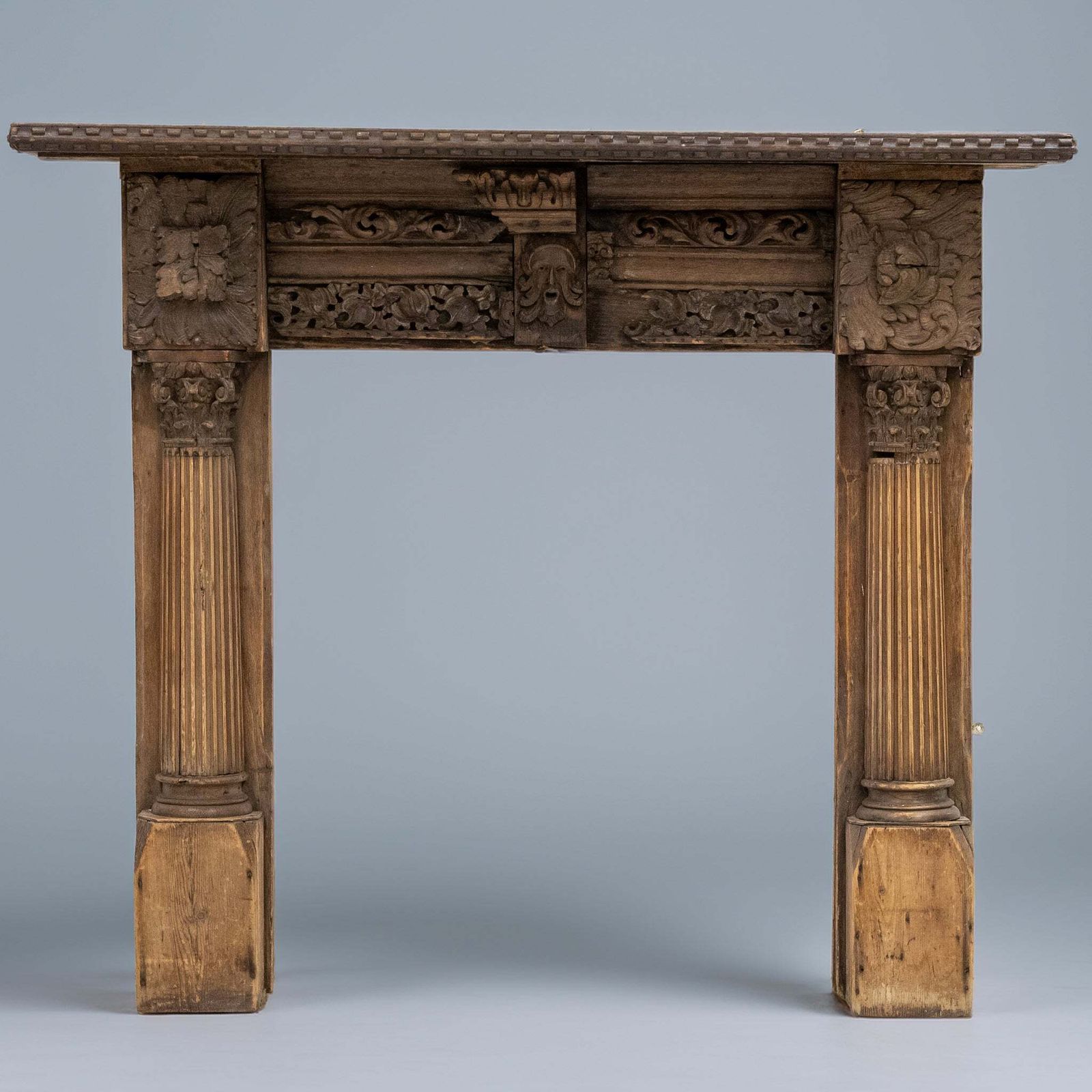 Antique Carved Oak & Pine Jacobean Style Fireplace Surround