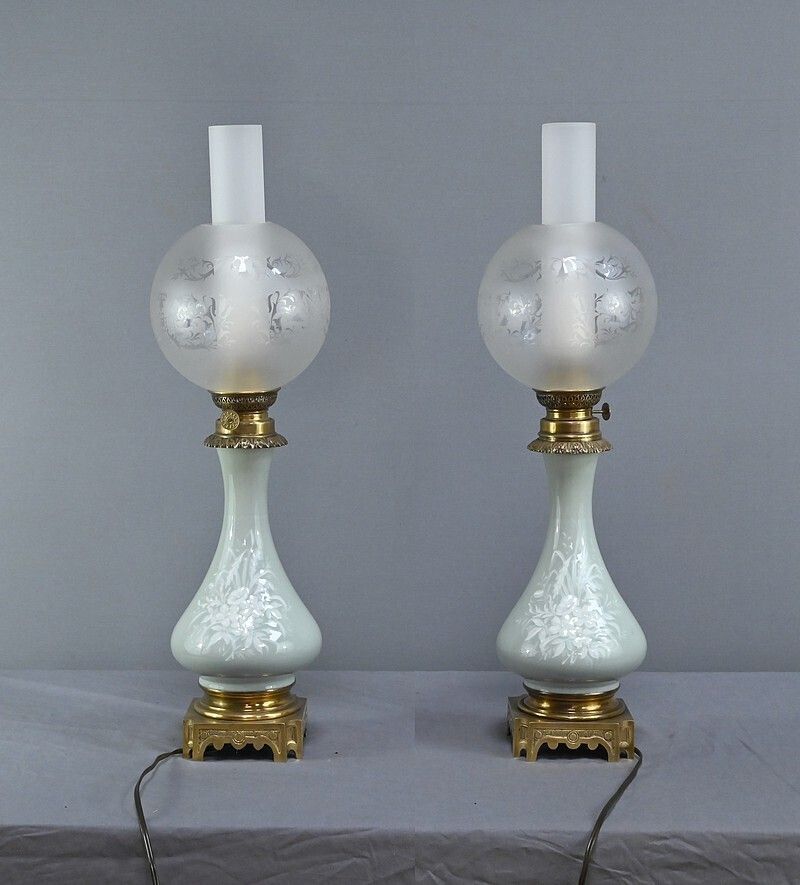 Pair Of Electrified Celadon Oil Lamps, Napoleon III Period – Part 2 Of The 19th Century photo Lighting