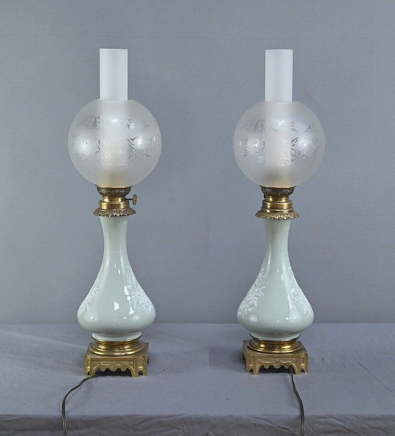 Lighting Pair Of Electrified Celadon Oil Lamps, Napoleon III Period – Part 2 Of The 19th Century photo