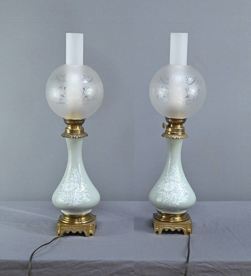 1610.0 Pair Of Electrified Celadon Oil Lamps, Napoleon III Period – Part 2 Of The 19th Century photo