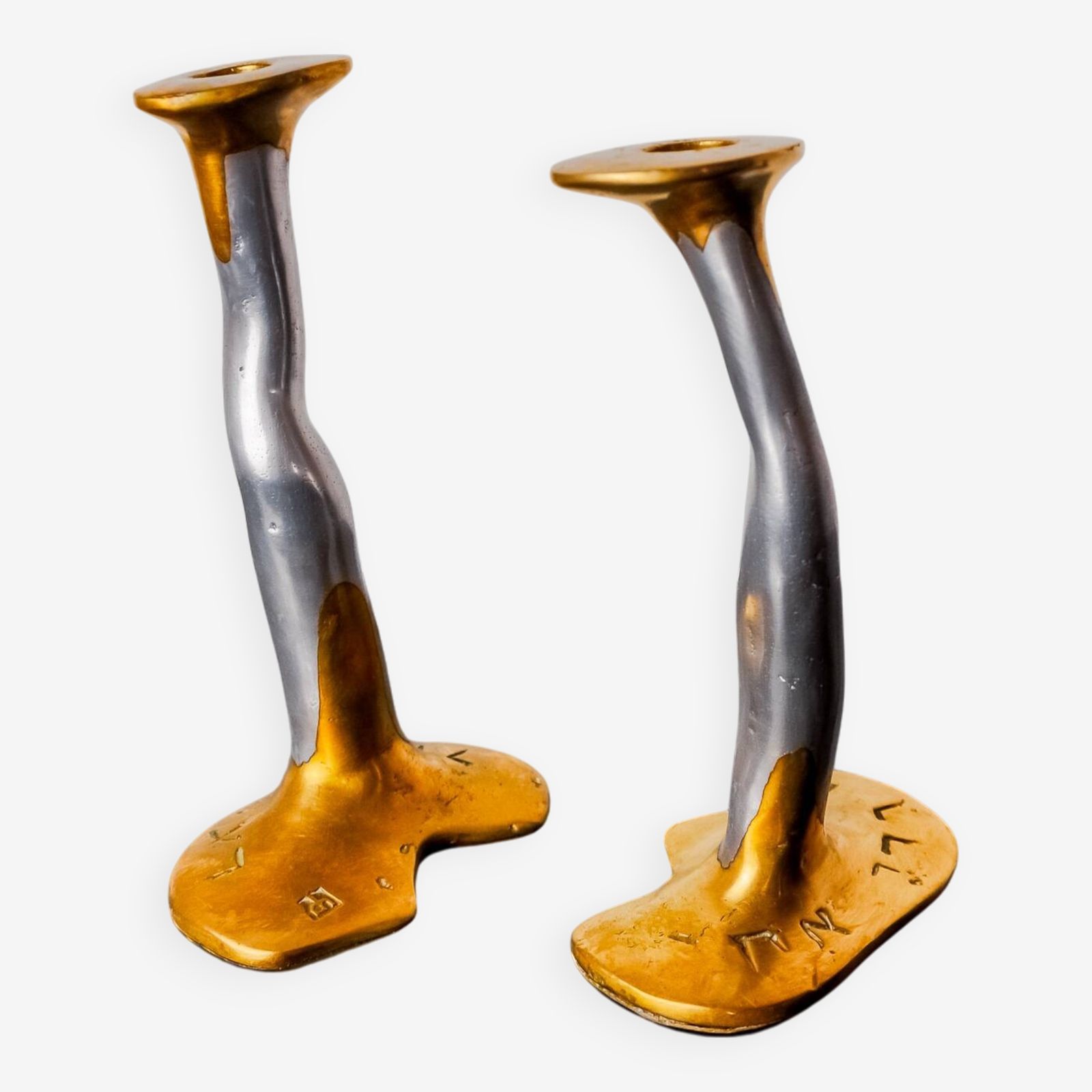 Pair Of Brutalist Bronze And Aluminum Candlesticks By David Marshall, Spain 1970