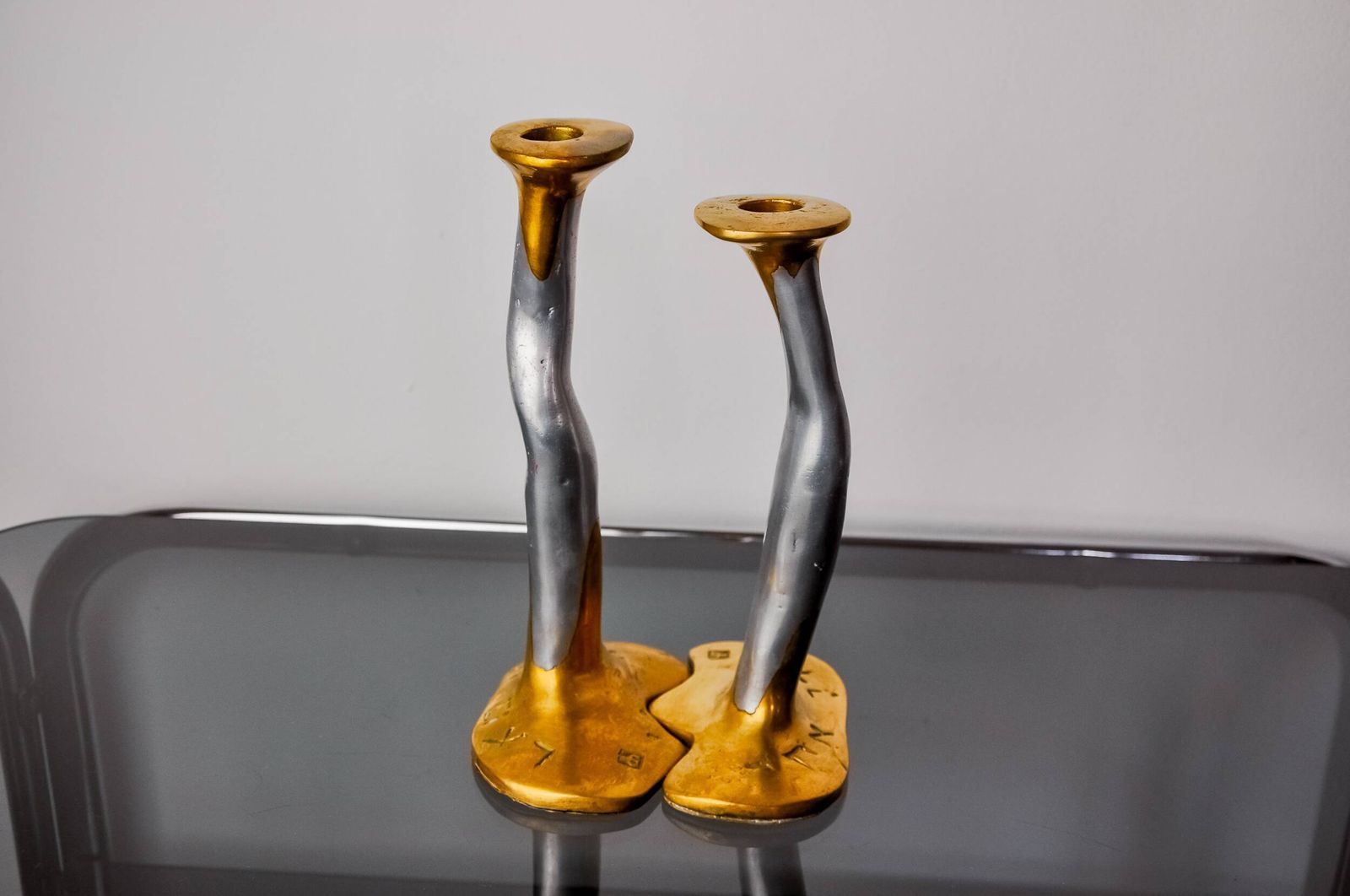 Pair Of Brutalist Bronze And Aluminum Candlesticks By David Marshall, Spain 1970 photo furniture