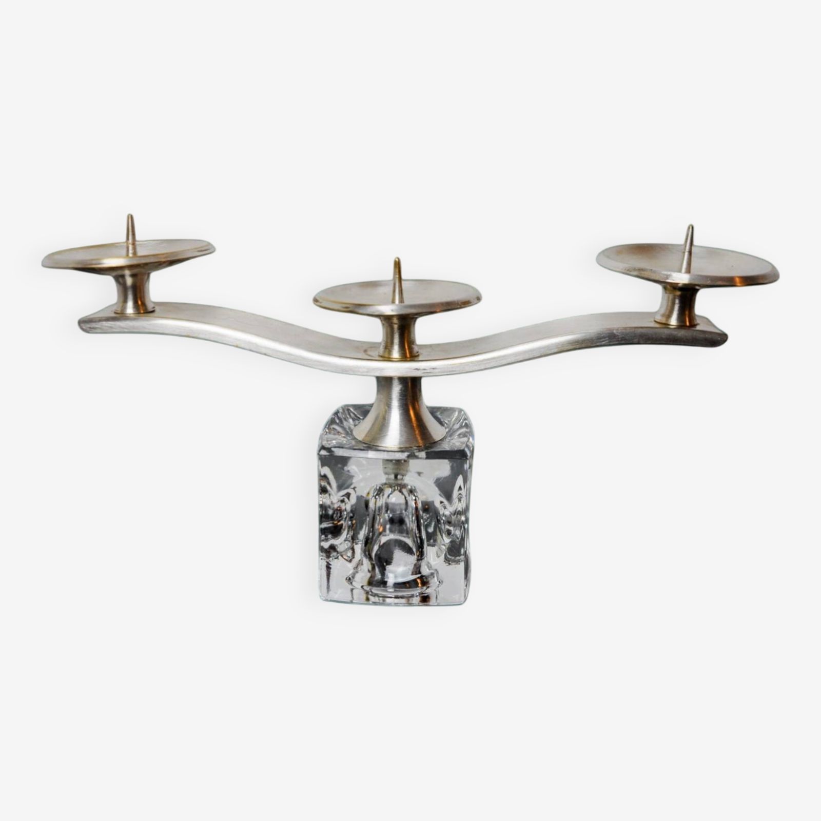 3 Light Ice Cube Candle Holder By Peill & Putzler In Glass And Silver Plated Metal, Germany 1970