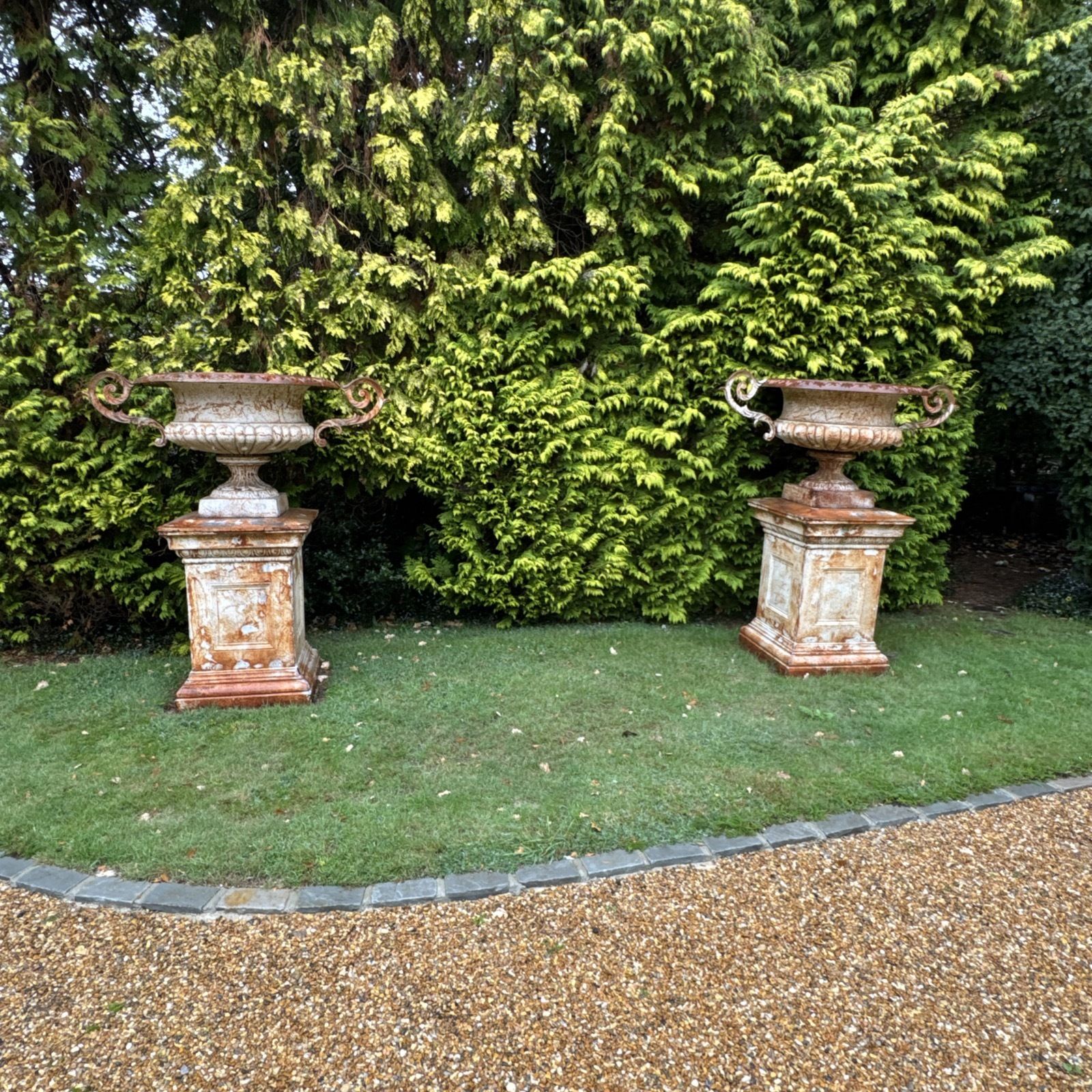 Pair Of Mega Size Cast Iron Urns H1.7m Antique Tazza Shallow Garden Urn, Very Rare photo vintage