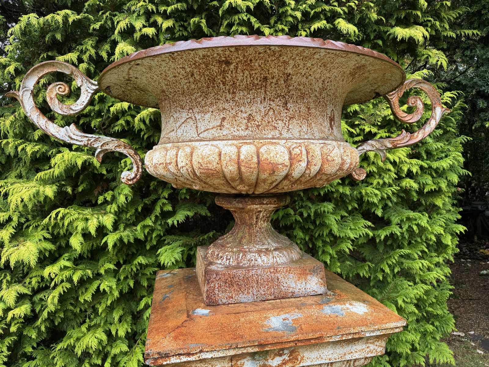 Garden Decor Pair Of Mega Size Cast Iron Urns H1.7m Antique Tazza Shallow Garden Urn, Very Rare photo