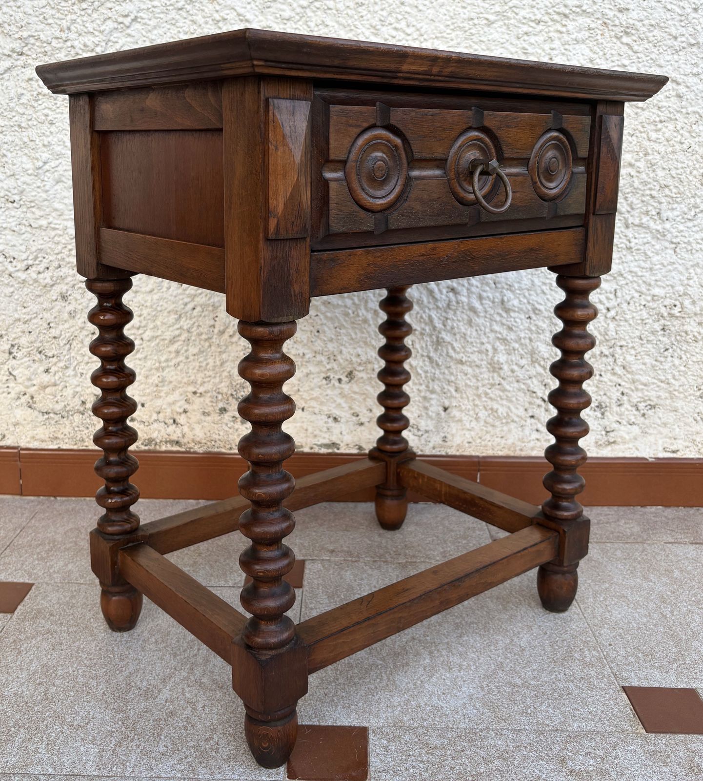 photo for sale Early 20th Century Spanish Carved Wood End Table Or Nightstand With One Drawer