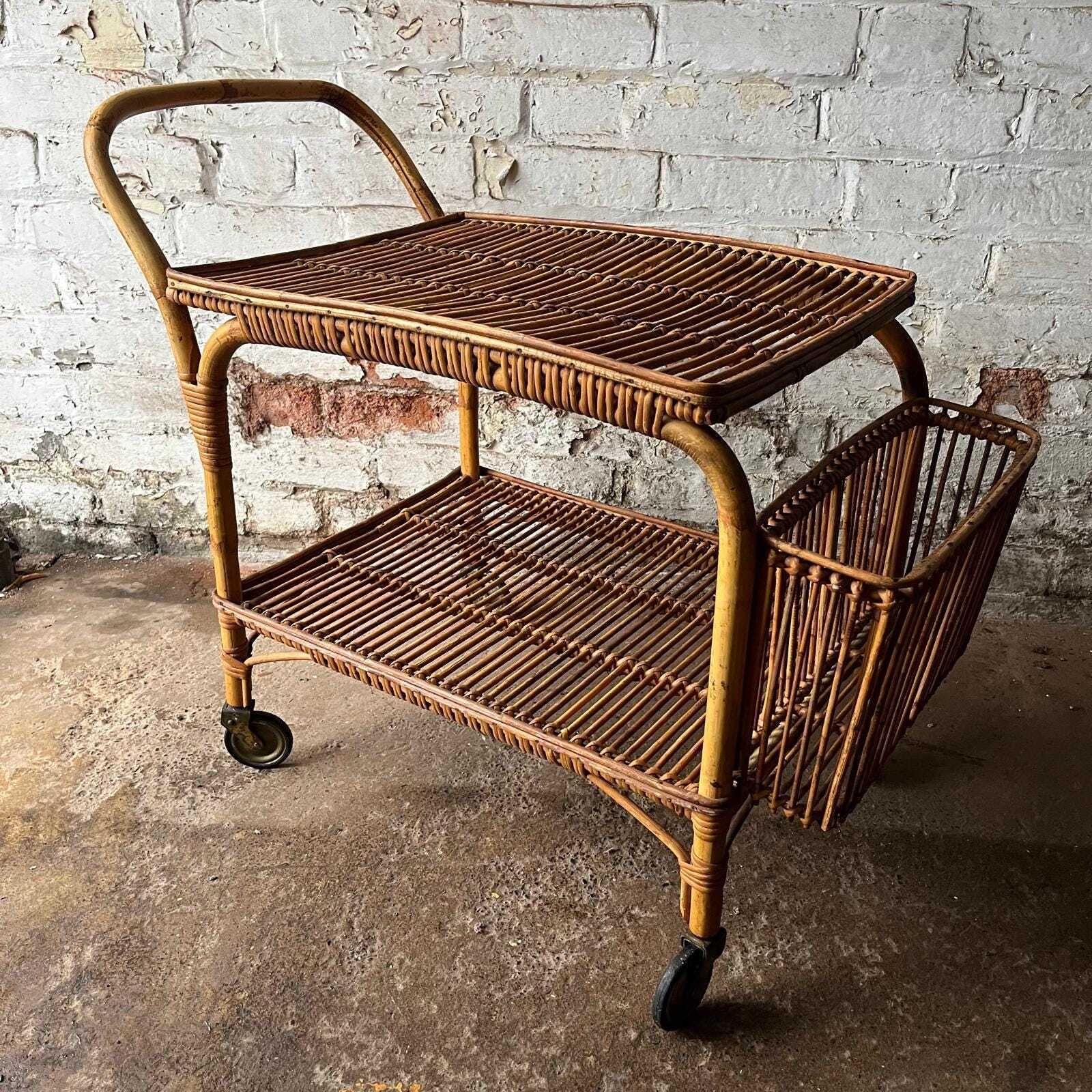 Italian Franco Albini 60s Bamboo And Rattan Drinks Trolley/ Serving Cart photo vinterior