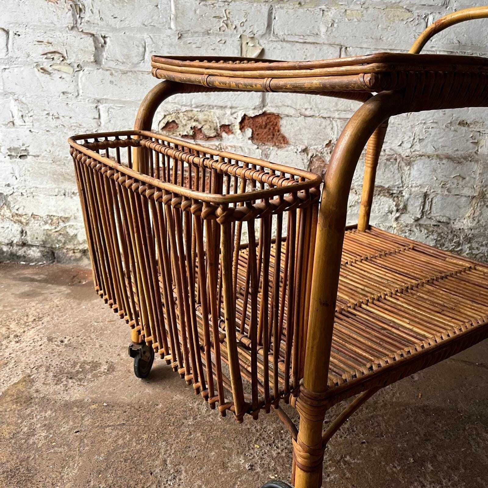 photo for sale Italian Franco Albini 60s Bamboo And Rattan Drinks Trolley/ Serving Cart