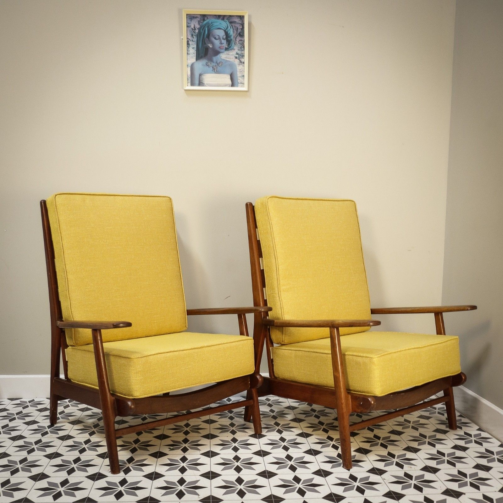 A Pair Of Teak Mid Century Retro Danish Style Fireside Arm Chairs In Yellow