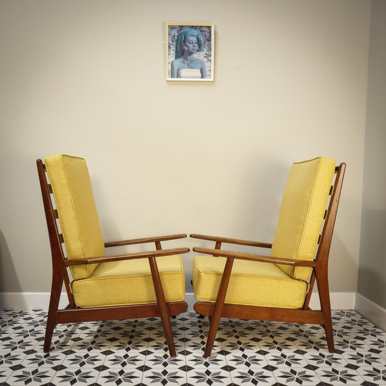 A Pair Of Teak Mid Century Retro Danish Style Fireside Arm Chairs In Yellow photo furniture