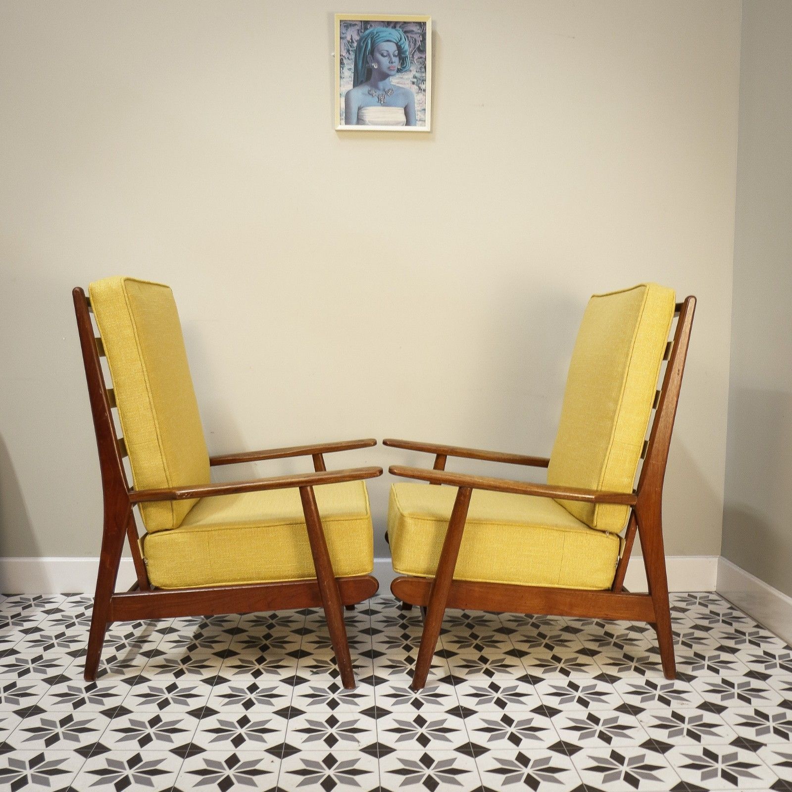 A Pair Of Teak Mid Century Retro Danish Style Fireside Arm Chairs In Yellow photo for sale