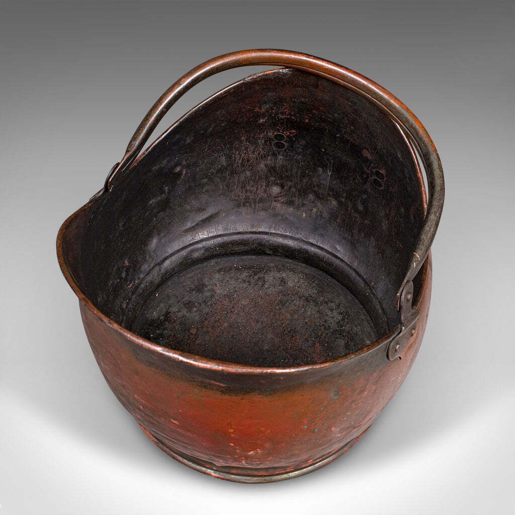 Vintage Helmet Coal Scuttle, English Copper, Fireside Basket, Victorian Revival photo vintage