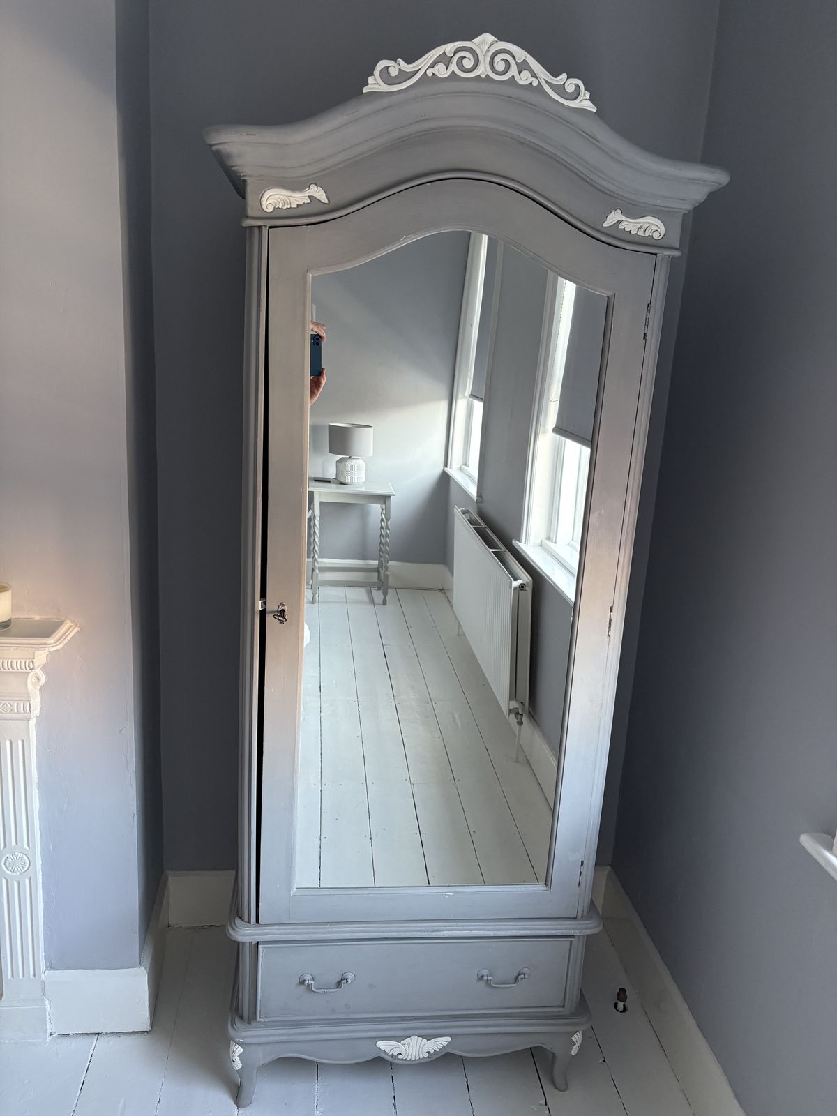 French Style Hardwood Carved Grey Full Mirrored Armoire Wardrobe With Drawer photo for sale