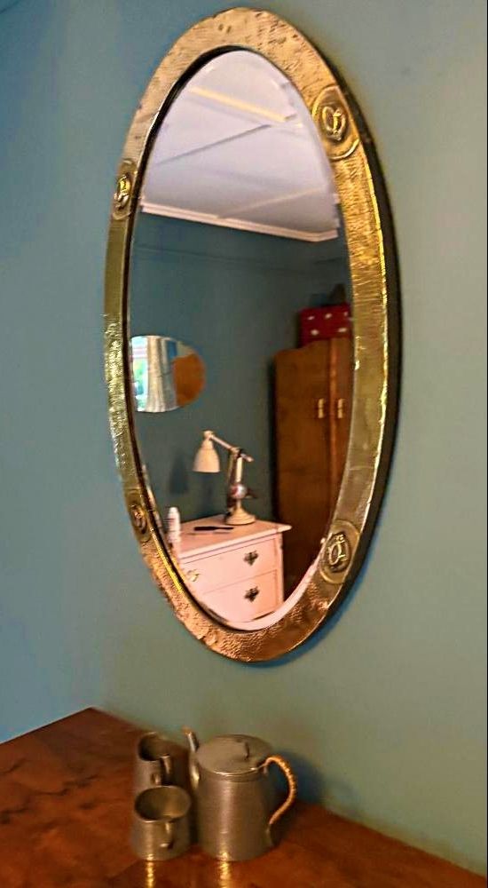 Liberty Of London 1910 Arts & Crafts Beaten Brass Bevelled Mirror photo for sale