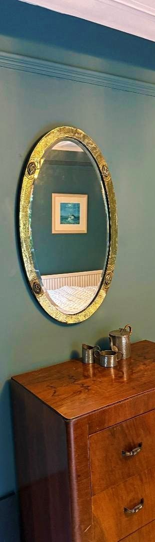 Liberty Of London 1910 Arts & Crafts Beaten Brass Bevelled Mirror photo vinterior